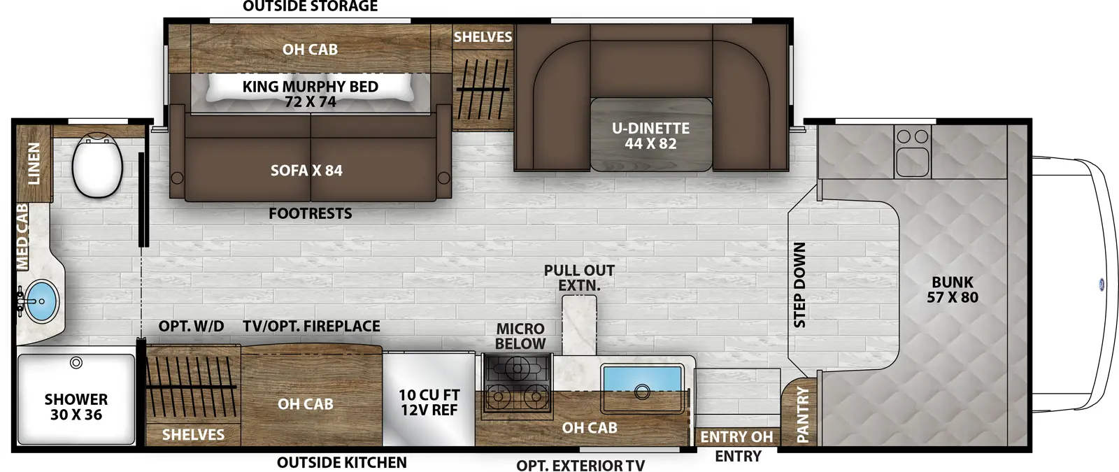 The Leprechaun 260MB - Ford E-450 has one entry and one slide out. Exterior features include: 19' awning, outside entertainment and outside kitchen. Interiors features include: murphy bed, rear bathroom, bunk over cab, u-dinette and LATCH system.